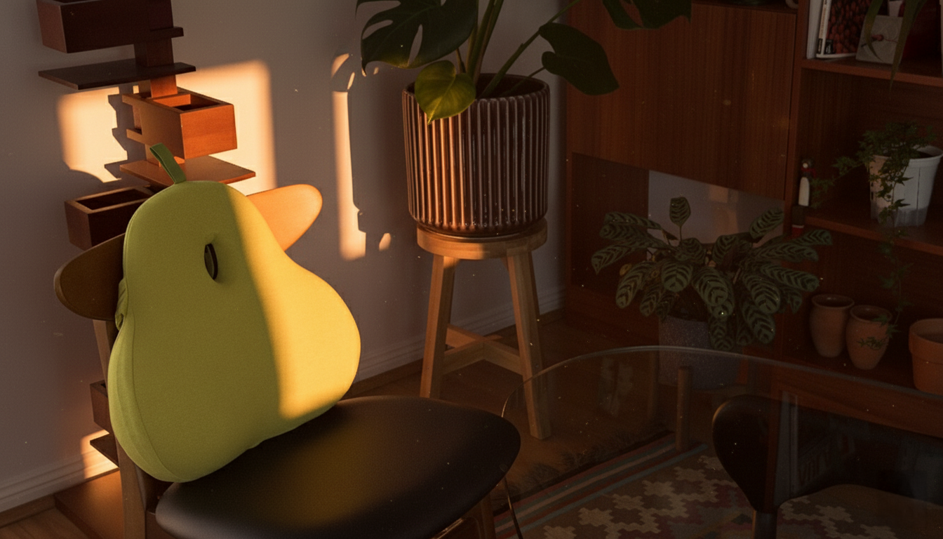 Green Pearrest cushion on a chair in a dimly lit room with plants and furniture.