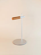 Minimalist aluminum headphone stand with wooden hanger in silver finish