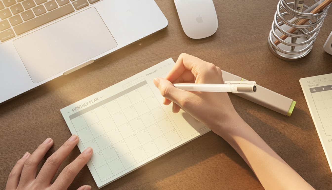 Person holding a pen over a notepad on a desk with a laptop and mouse in the background