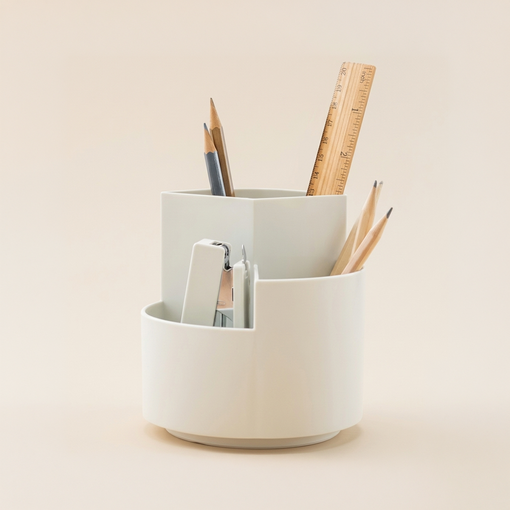 360° rotating desk organiser with pens, pencils and ruler in use